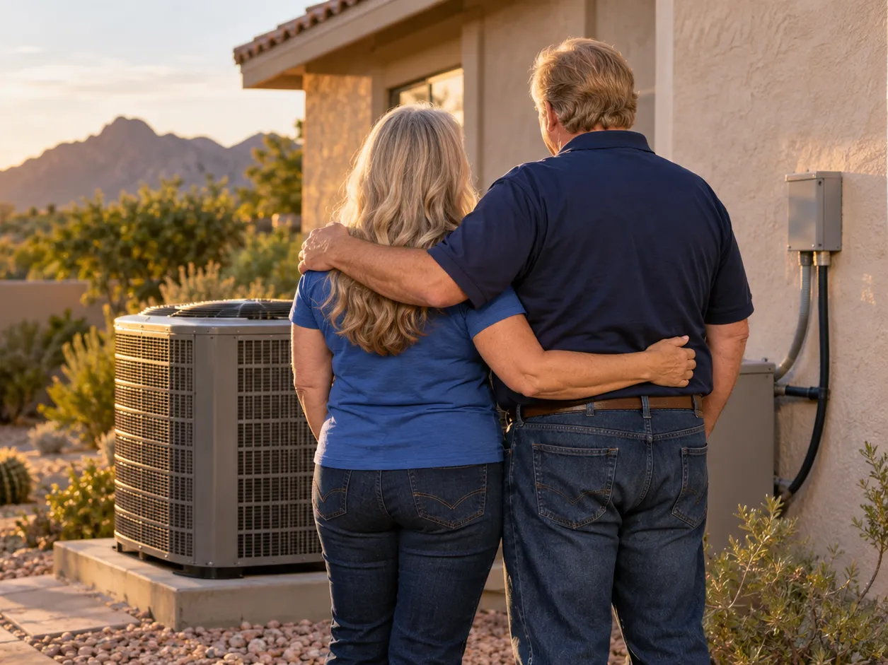 The husband-and-wife owners of My AZ Pro standing arm in arm beside an air conditioning unit at an Arizona home at sunset