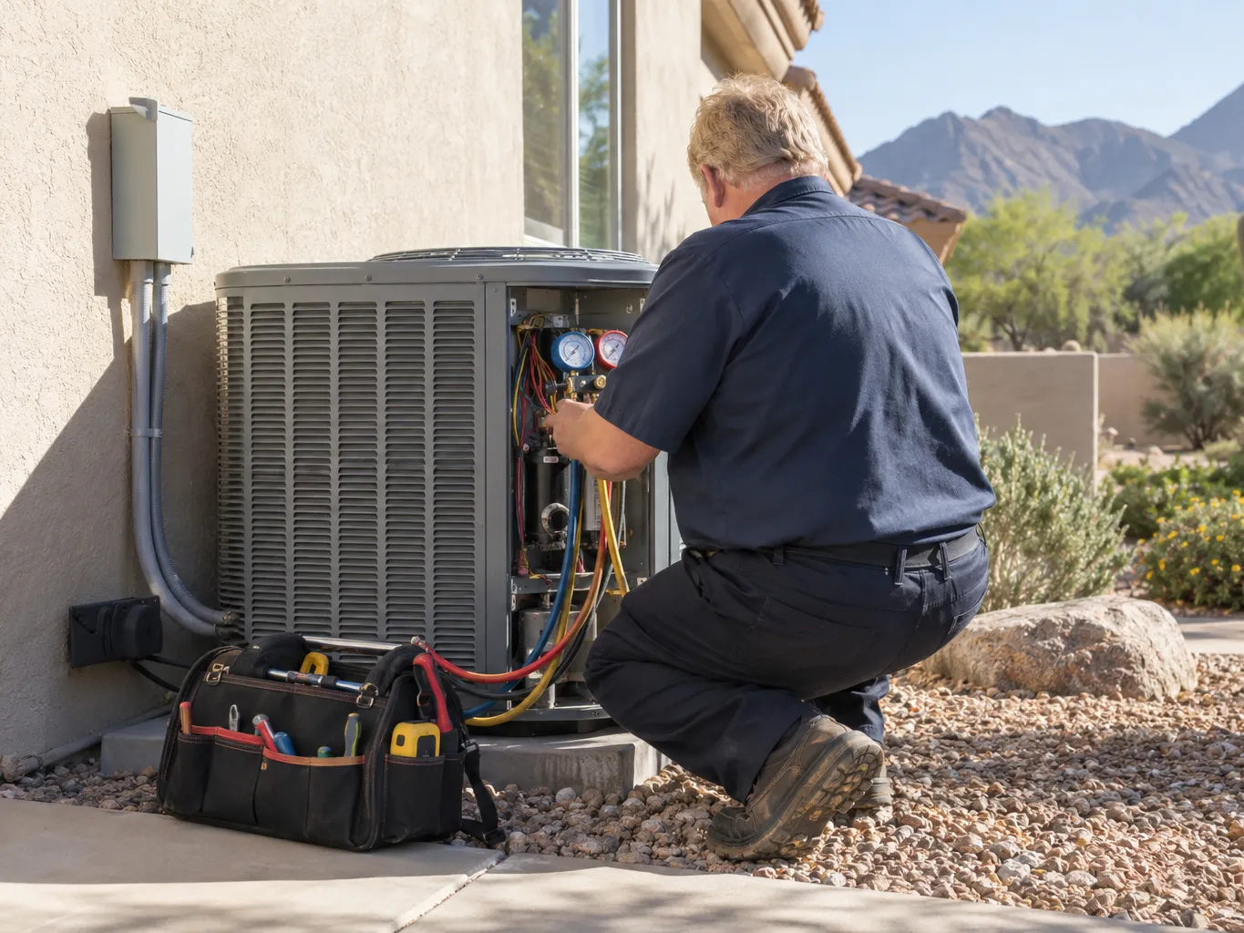 My AZ Pro technician with over 30 years of experience checking refrigerant pressures on an outdoor air conditioner in the Arizona desert
