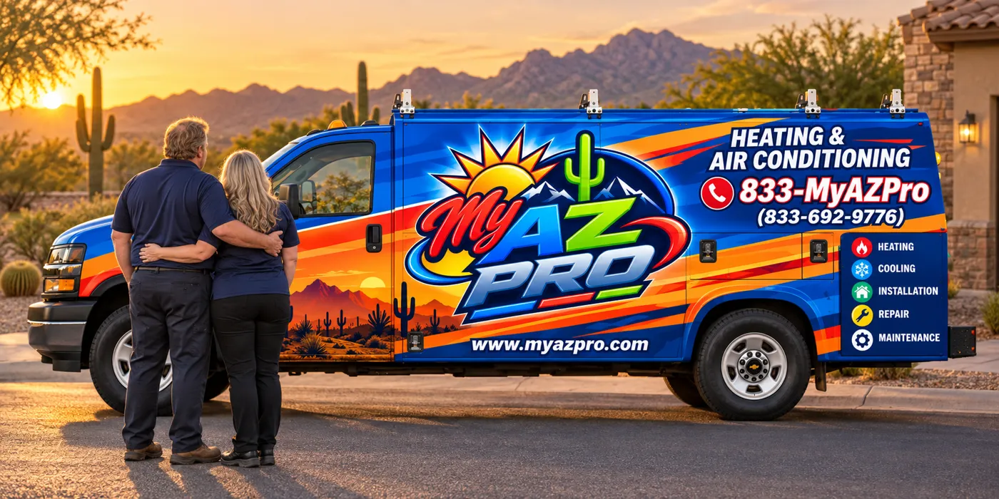 The husband-and-wife owners of My AZ Pro with their Heating & Air Conditioning service truck in Surprise, Arizona at sunset