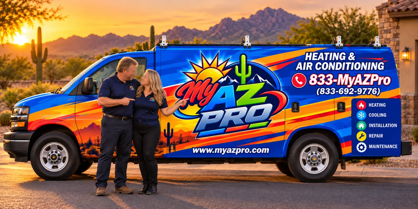 The owners of My AZ Pro pointing to the company logo on their Heating & Air Conditioning service van in Surprise, AZ