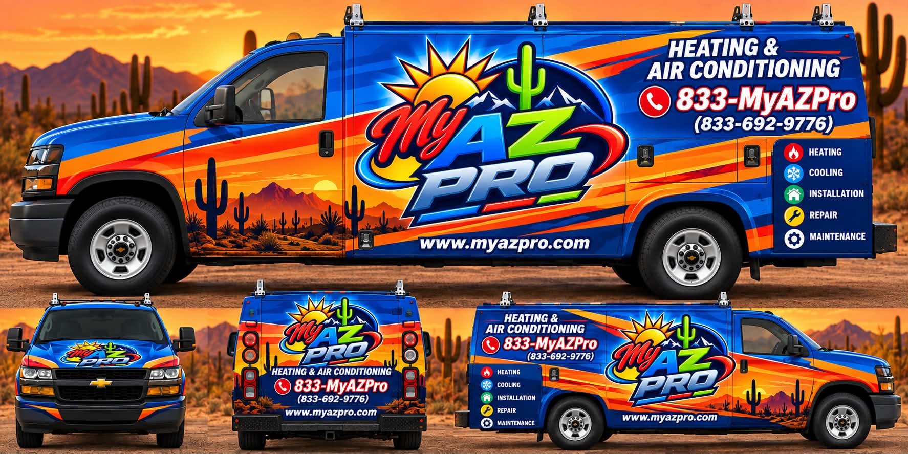 My AZ Pro Heating and Air Conditioning service van wrapped in blue and orange with the company logo, phone number 833-MyAZPro and website myazpro.com